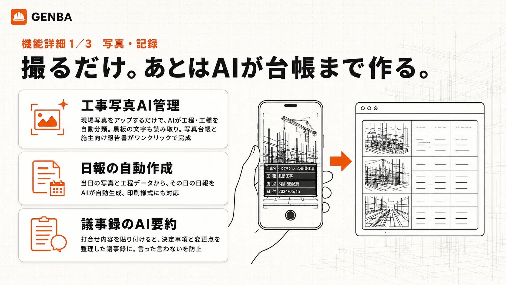 写真・記録｜撮るだけでAIが台帳まで作る